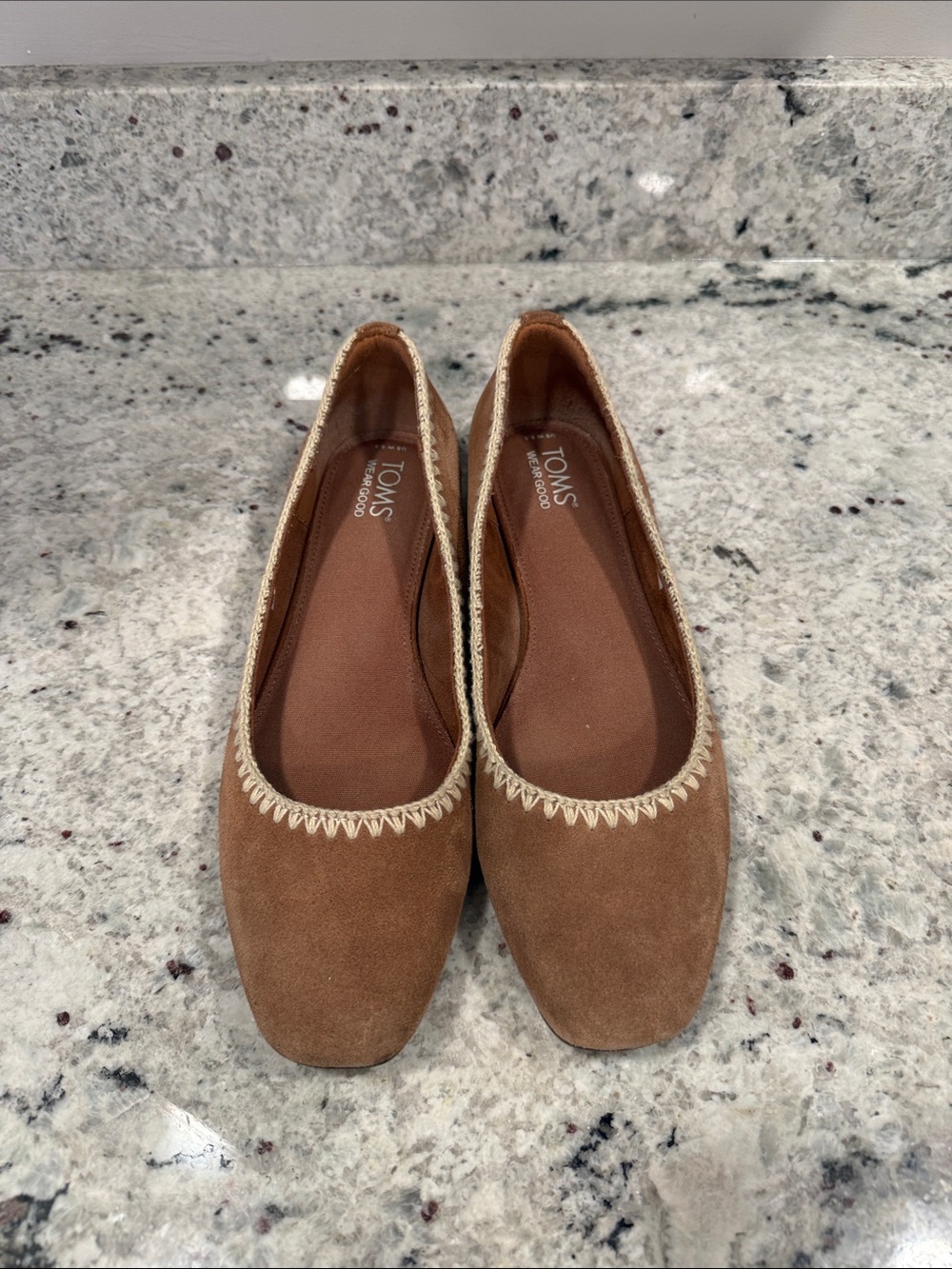 TOMS Briella Suede Ballet Flat — Tan with Cream Trim